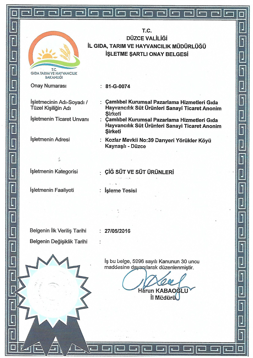 İşletme Şartlı Onay Belgesi - Düzce Valiliği