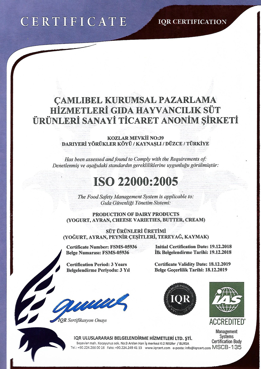 ISO 22000:2005 - Gıda Güvenliği Yönetim Sistemi Sertifikası